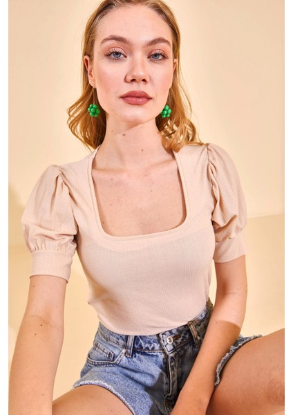 Bej Kare Yaka Dokulu Bluz 2YXK2-46351-25 indirimleri