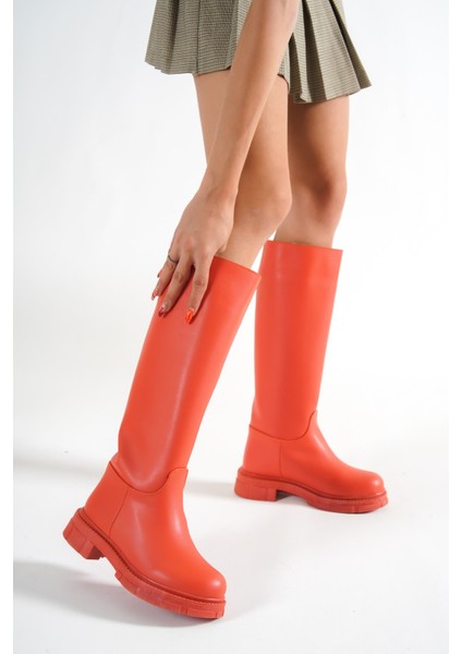 Kadın Oranj Deri Çekme Çizme modelleri