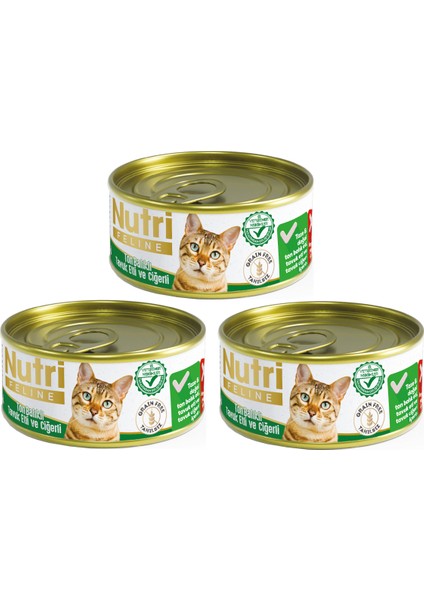 Feline Tahılsız Ton Balıklı, Tavuk Etli ve Ciğerli Kedi Konservesi 85 gr 3 Adet