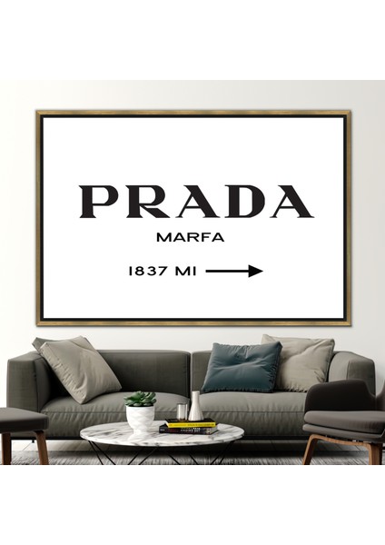 1 Parça Gold Çerçeveli Kanvas Tablo, Prada Marfa 1837 ml Tuval, Prada Logosu Duvar Süsü,