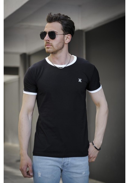 Riad Slim Fit Likralı Nakış Detaylı Kolu ve Yakası Biyeli Erkek Tshirt