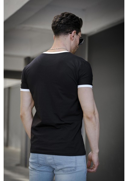 Riad Slim Fit Likralı Nakış Detaylı Kolu ve Yakası Biyeli Erkek Tshirt
