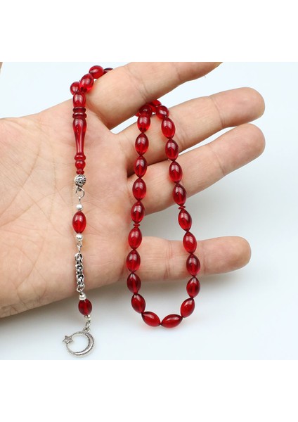 Beyzi Model Kırmızı Renkli Ateş Kehribar Tesbih (7 x 11 Mm)