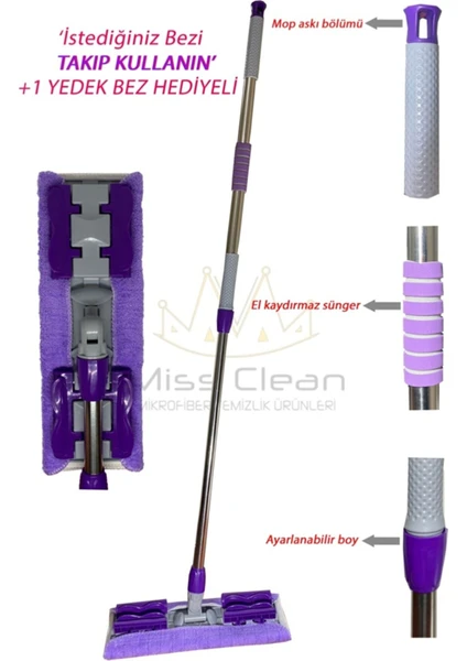 ( 1 Adet ) Yedek Bez Hediyeli Yer Fayans Duvar Yüzey Temizlik Mikrofiber Mop Mor Renk