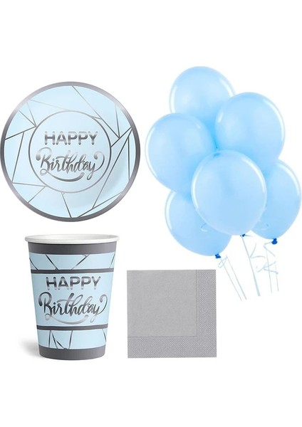 Gümüş Happy Birthday Temalı Parti Seti Mavi 8 Kişilik