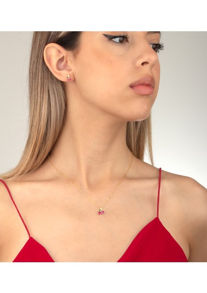 925 Ayar Gümüş Kiraz Kolye Küpe Set