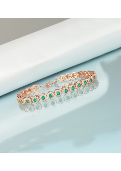 925 Ayar Gümüş Zümrüt Renk Papatya Model Bileklik (Rose)