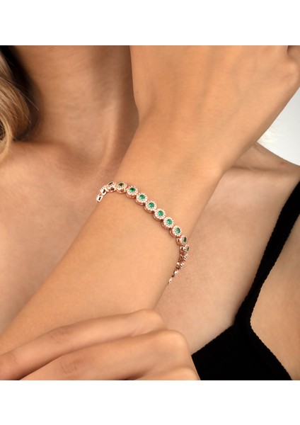 925 Ayar Gümüş Zümrüt Renk Papatya Model Bileklik (Rose)
