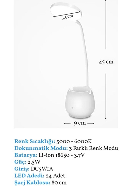 Şarjlı 24 LED Çalışma Okuma Işığı Kademeli Masa Lambası Ayarlanabilir Renk Tonu ve Parlaklık modelleri
