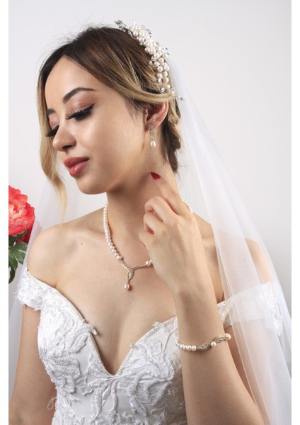BIRINCI1926 14 Ayar Altın Kadın Yaprak Detay Taşlı Inci Set