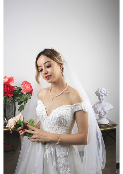 BIRINCI1926 14 Ayar Altın Kadın Yaprak Detay Taşlı Inci Set