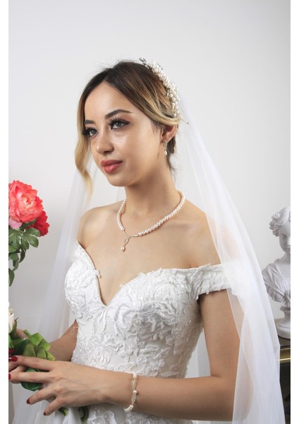 BIRINCI1926 14 Ayar Altın Kadın Yaprak Detay Taşlı Inci Set