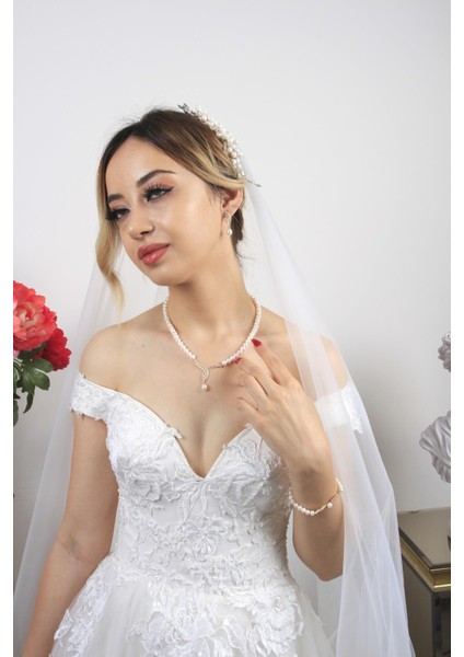 BIRINCI1926 14 Ayar Altın Kadın Yaprak Detay Taşlı Inci Set