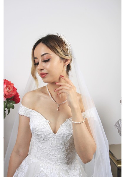BIRINCI1926 14 Ayar Altın Kadın Yaprak Detay Taşlı Inci Set