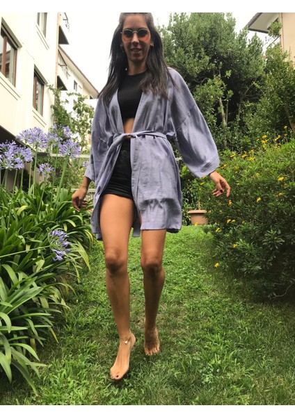 Mor Basic Oversize Baskısız Dokuma Kadın Erkek Kimono