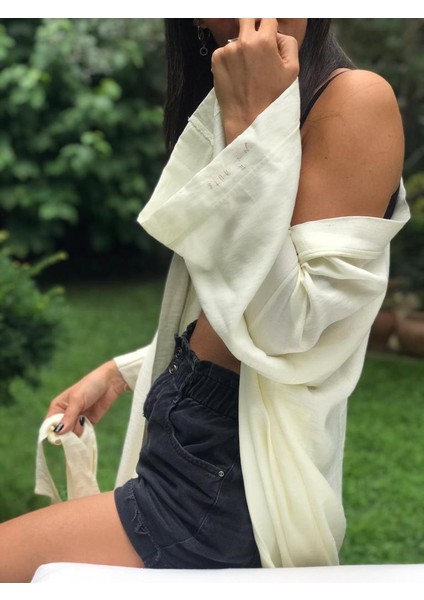 Ekru Basic Oversize Baskısız Dokuma Kadın Erkek Kimono