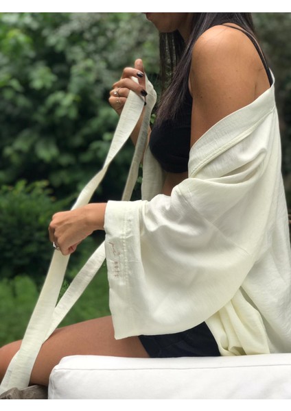 Ekru Basic Oversize Baskısız Dokuma Kadın Erkek Kimono