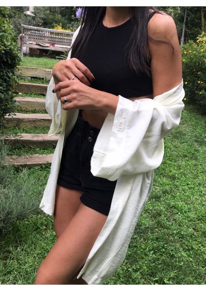 Ekru Basic Oversize Baskısız Dokuma Kadın Erkek Kimono