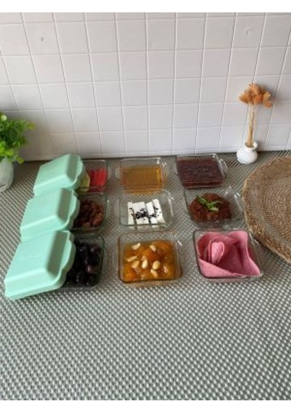 , Kapaklı Cam Saklama Kabı Cam Kahvaltılık 9 Adet Kare + 9 Adet Renkli Kapak