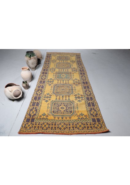 Türk Halısı Eskitme Halı Halı 124X332 Cm Sarı Halı Ofice Koridor Halı El Yapımı Koridor Halı