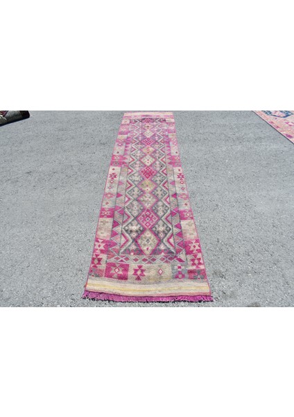 Eskitme Halı Türk Halısı Halı 82X335 Cm Pempe Halı Organik Merdiven Halı El Yapımı Mutfak Halı