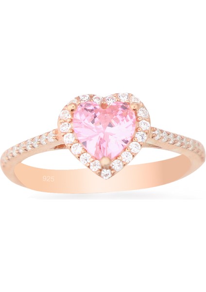 925 Ayar Gümüş Pembe Swarovski Kalp Yüzük