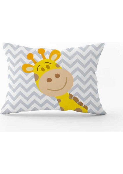 Sarı Gri Zürafa Figürlü Dijital Baskılı Çocuk Kırlent Kılıfı CGH784-3550 Çift Tarafı Baskılı
