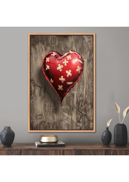 1 Parça Naturel Çerçeveli Kanvas Tablo, Bandaid Kalp Balonu Banksy, Graffiti Sanat Eseri,
