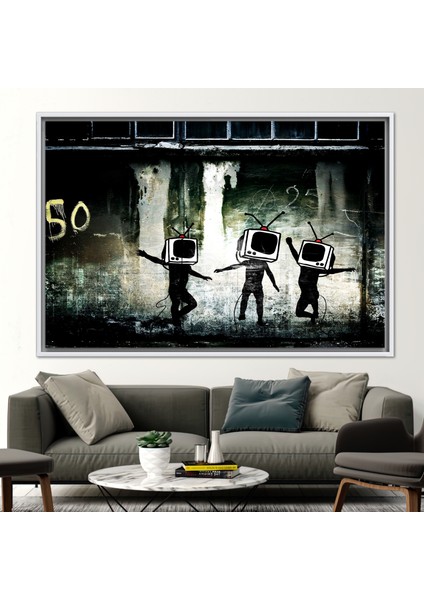 1 Parça Beyaz Çerçeveli Kanvas Tablo, Banksy Dancing Tv, Soyut Kanvas Dekor,