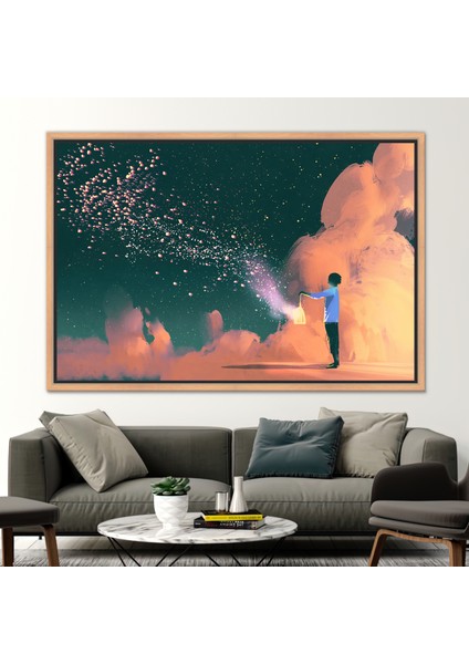 1 Parça Naturel Çerçeveli Kanvas Tablo, Fenerli Çocuk, Soyut Sanat Eseri,