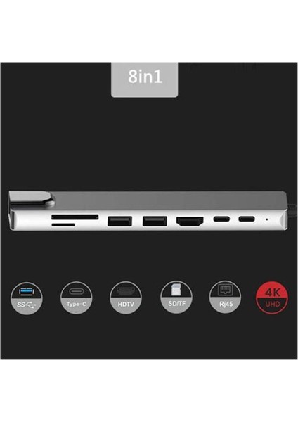 8 In 1 Ethernet Sd USB Type C Hub HDMI Girişli Macbook Çevirici