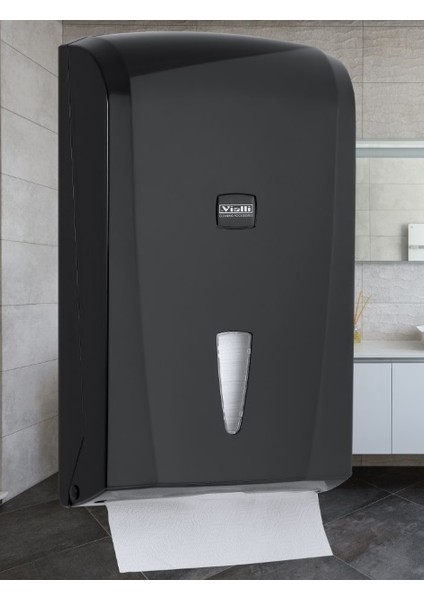 Vialli K21B Banyo Mutfak Lavabo Pratik Z Katlı Kağıt Havlu Dispenseri Kapasite 400 Kağıt Siyah