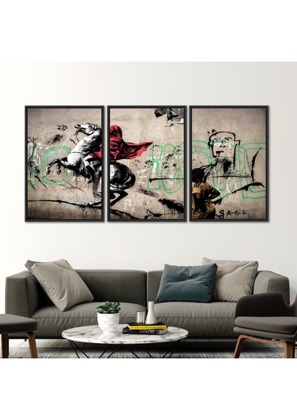 3 Parçalı Siyah Çerçeveli Kanvas Tablo, Banksy Horse Rider, Banksy Street 3 Boyutlu Kanvas,