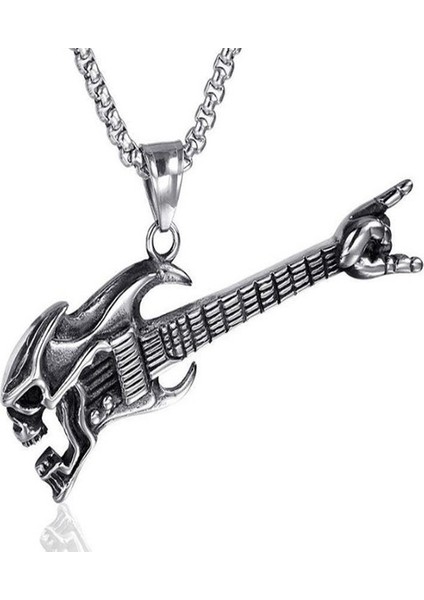 Paslanmaz Çelik Kurukafa Detaylı Hard Rock Gitar Kolye modelleri