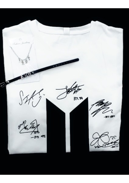 Bts Imza Baskılı Unisex T-Shirt Army Kolye Army Bileklik 3 Lü Kombin
