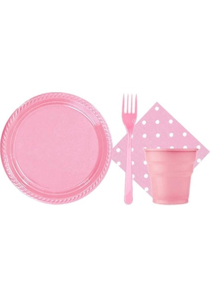 Pembe 25 Kişilik Plastik Bardak Çatal Tabak Puantiyeli Peçete Takımı Parti Seti