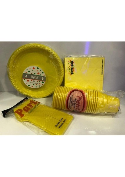 Plastik Kullan At Doğum Günü Tabak Bardak Çatal Peçete(Sarı)