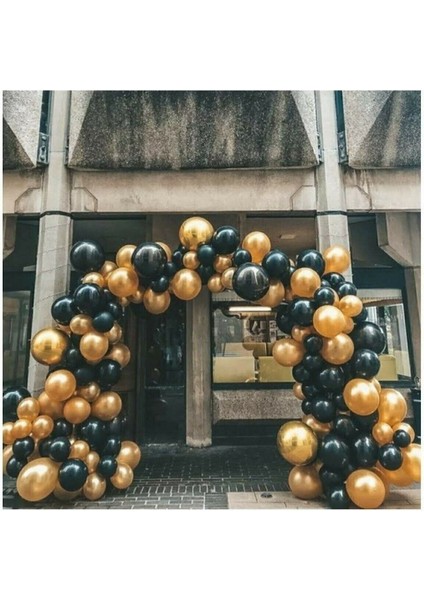 50 Adet 12 Inç Parti Balonu Metalik Gold - Pastel Siyah + 5 mt Balon Zinciri