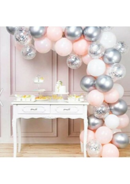 50 Adet Pembe Beyaz Gümüş Krom Konfetili Balon Zincir Seti 5 Metre