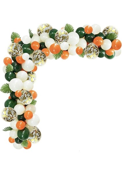 50 Adet Turuncu Beyaz Yeşil Gold Konfetili Yaprak Süslemeli Parti Balon Zincir Seti