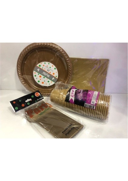 Plastik Kullan At Doğum Günü Tabak Bardak Çatal Peçete(Gold)