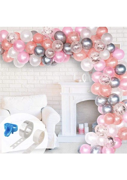 100 Adet Rose Gold Pembe Beyaz Gümüş Krom Konfetili Renkte Zincir Balon Seti
