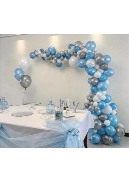 100 Adet Metalik Balon ve 5 Metre Balon Zinciri (Mavi - Gümüş - Beyaz) Uçan Balon
