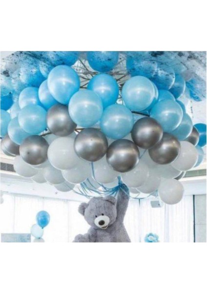 100 Adet Metalik Balon ve 5 Metre Balon Zinciri (Mavi - Gümüş - Beyaz) Uçan Balon