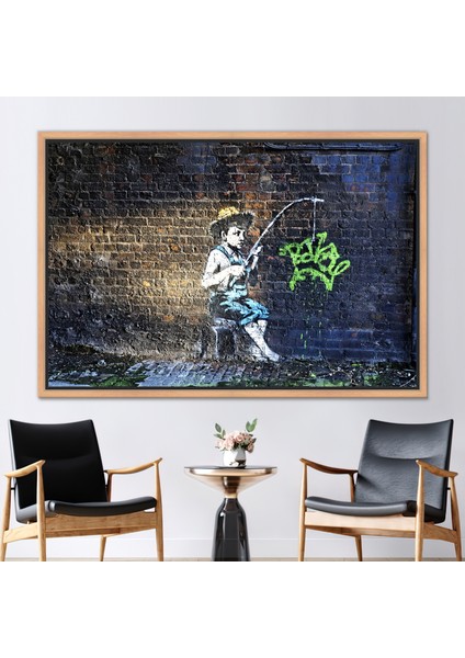 1 Parça Naturel Çerçeveli Kanvas Tablo, Banksy Fishing Boy, Boy Grafti Kanvas, Resim 3 Boyutlu Kanva