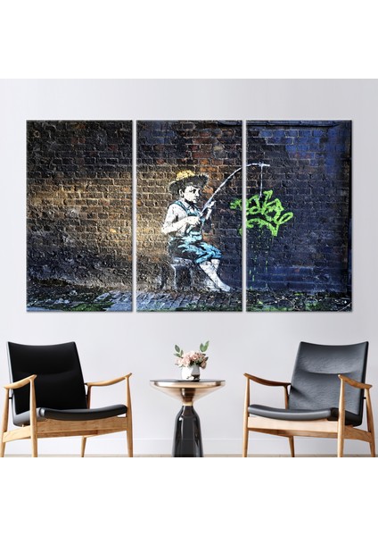 3 Parçalı Kanvas Tablo, Banksy Fishing Boy, Balıkçılık Banksy Posteri, Banksy Boy Posteri,