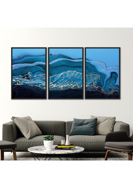 3 Parçalı Siyah Çerçeveli Kanvas Tablo, Mavi ve Altın Mermer, Mermer Sanat, Modern Hediye Kanvas, fiyatları