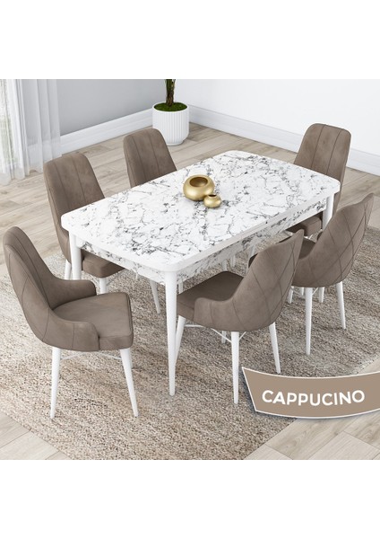 Concept Kar Serisi Açılabilir 80 x 132 cm Mdf Mutfak Masa Takımı Beyaz Mermer Desen Masa 6 Sandalye