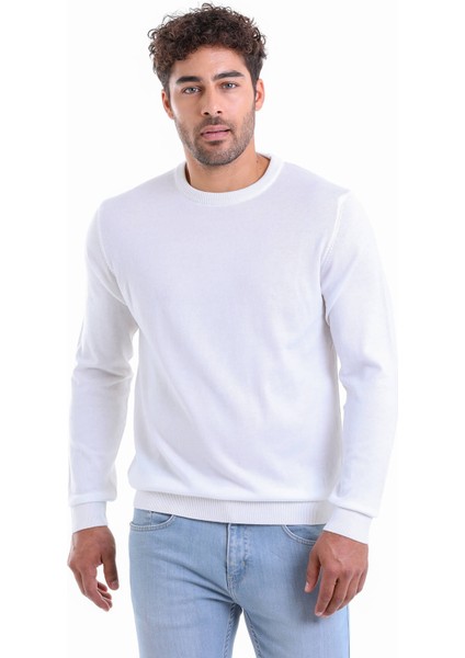 Erkek Ekru Regular Fit %100 Pamuk Bisiklet Yaka Triko Kazak