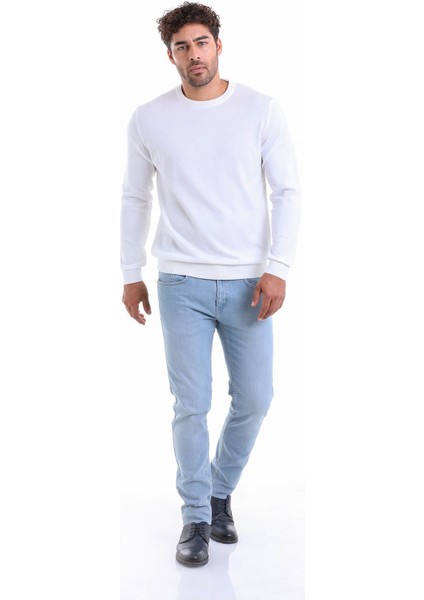 Erkek Ekru Regular Fit %100 Pamuk Bisiklet Yaka Triko Kazak
